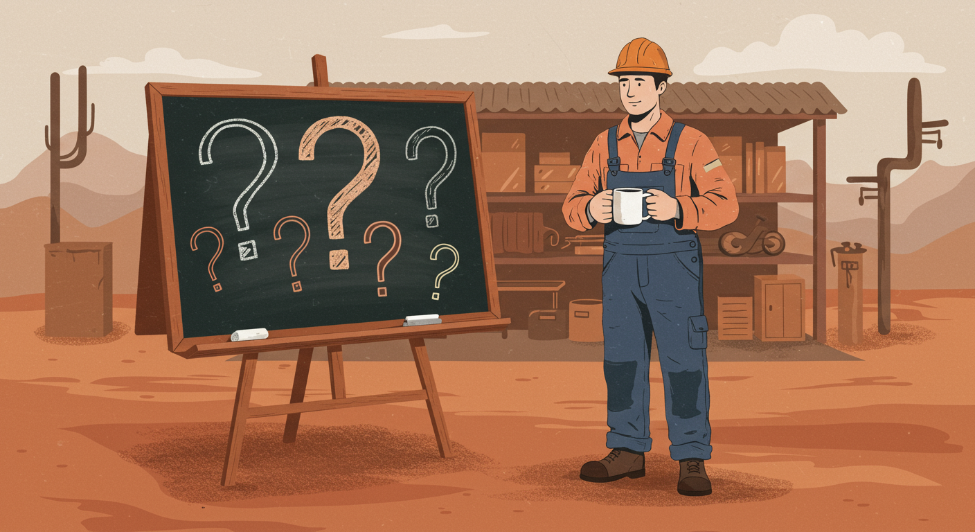 Editorial illustration: an Aussie tradesman in overalls pointing at a chalkboard list of questions, coffee in hand, in a dusty warehouse
