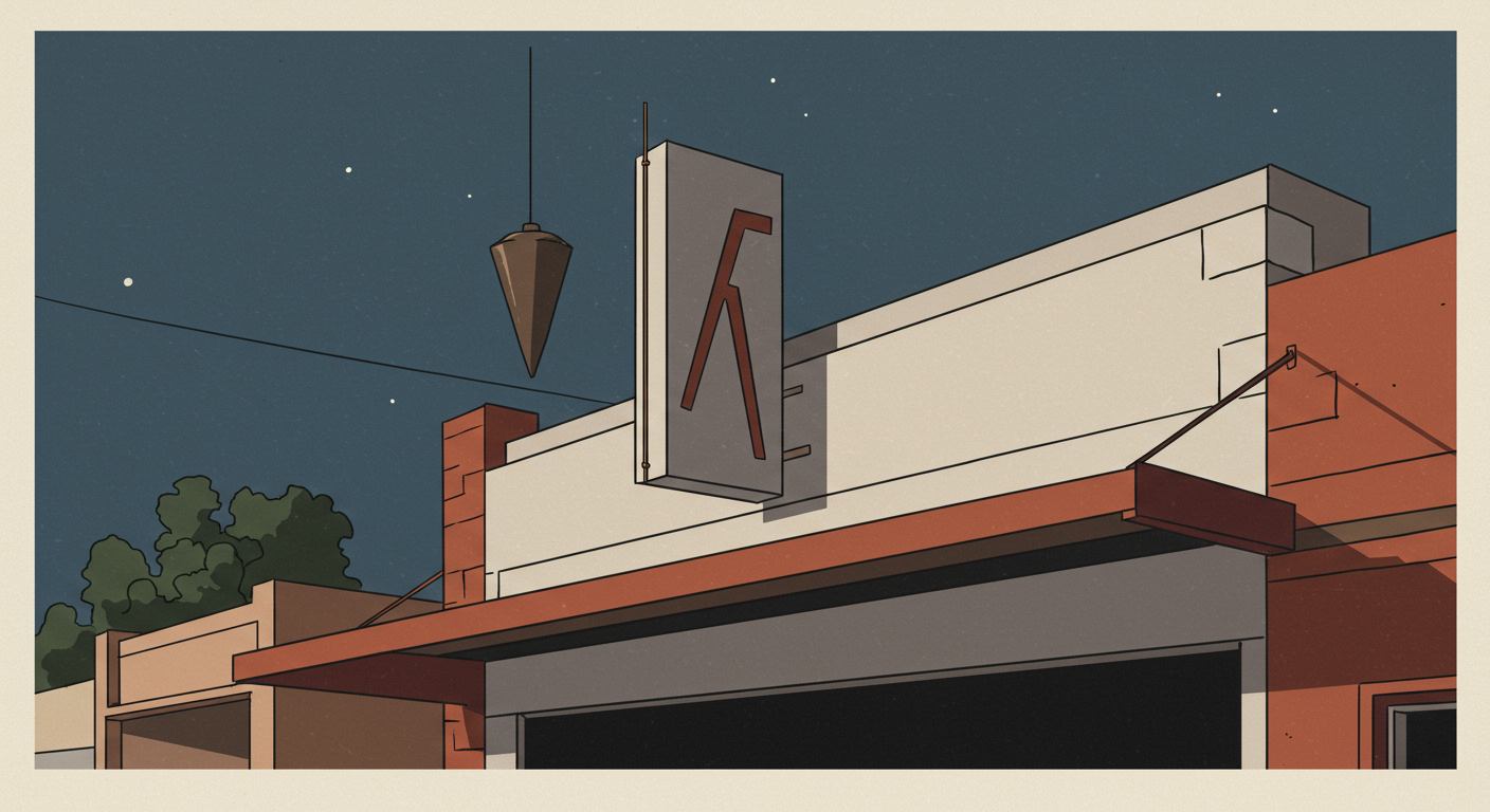 Editorial illustration: a carpenter's plumb line hanging over a half-built Australian shopfront at dusk, checking it's straight before the sign goes up