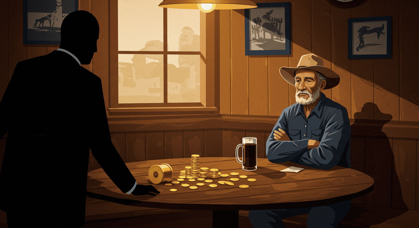 Editorial illustration: a shadowy figure in a suit rolling a pile of gold coins across a timber pub table while a weathered farmer looks on with arms crossed