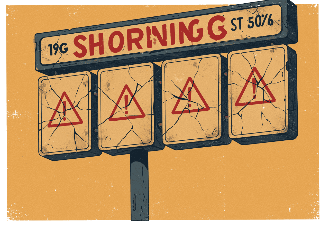Editorial illustration: a weathered shopfront sign with four cracked panels, each labelled with a warning symbol over a dusty ochre background