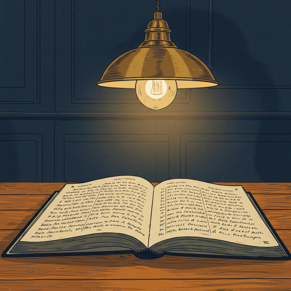 Editorial illustration: a weathered wooden ledger open on a timber pub table with clear handwritten entries under a hanging brass lamp