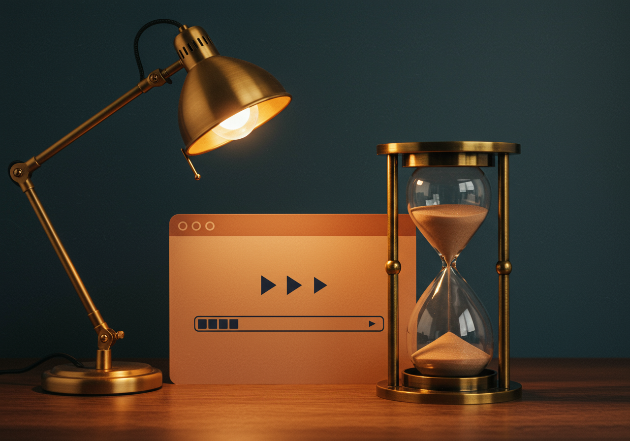 Editorial illustration: an hourglass sitting next to a browser window on a timber desk, sand trickling slowly through while a loading bar creeps forward
