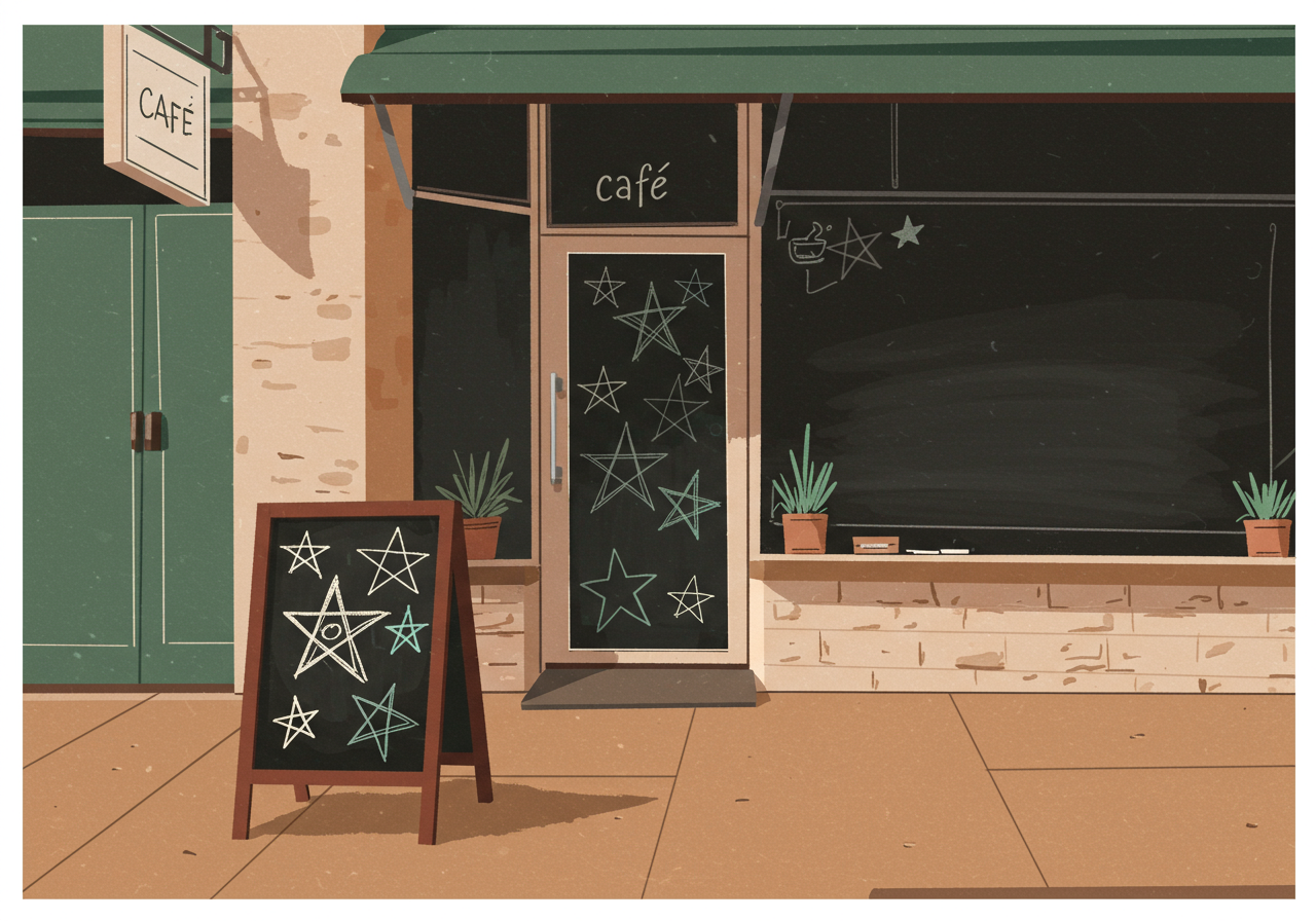 Editorial illustration: a handwritten chalkboard outside an Aussie cafe covered in five-star reviews, while the cafe next door has a blank board