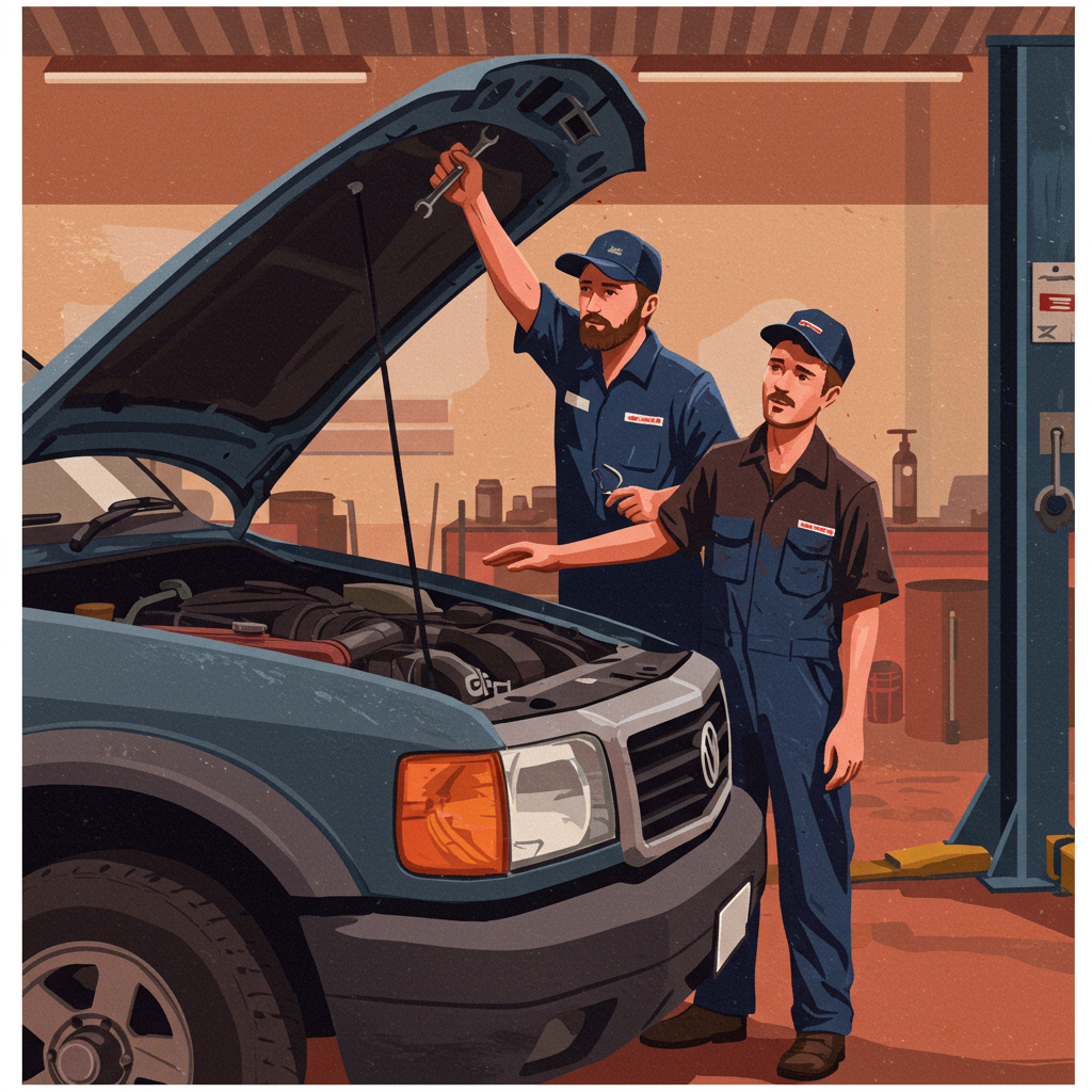 Editorial illustration: two mechanics under a bonnet, one with his hand out for a wrench, dusty workshop behind them