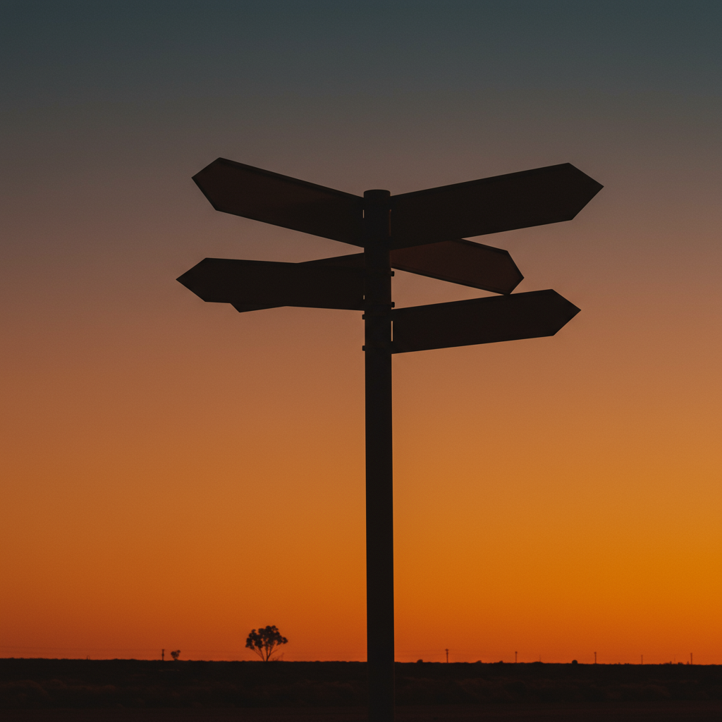 Editorial illustration: a dusty country road sign with four plain arrows pointing to Services, About, Reviews, Contact